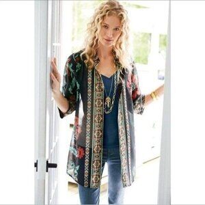 Soft Surroundings Sz M Black Tribal iKat Print Button Up Tunic Top Topper Jacket